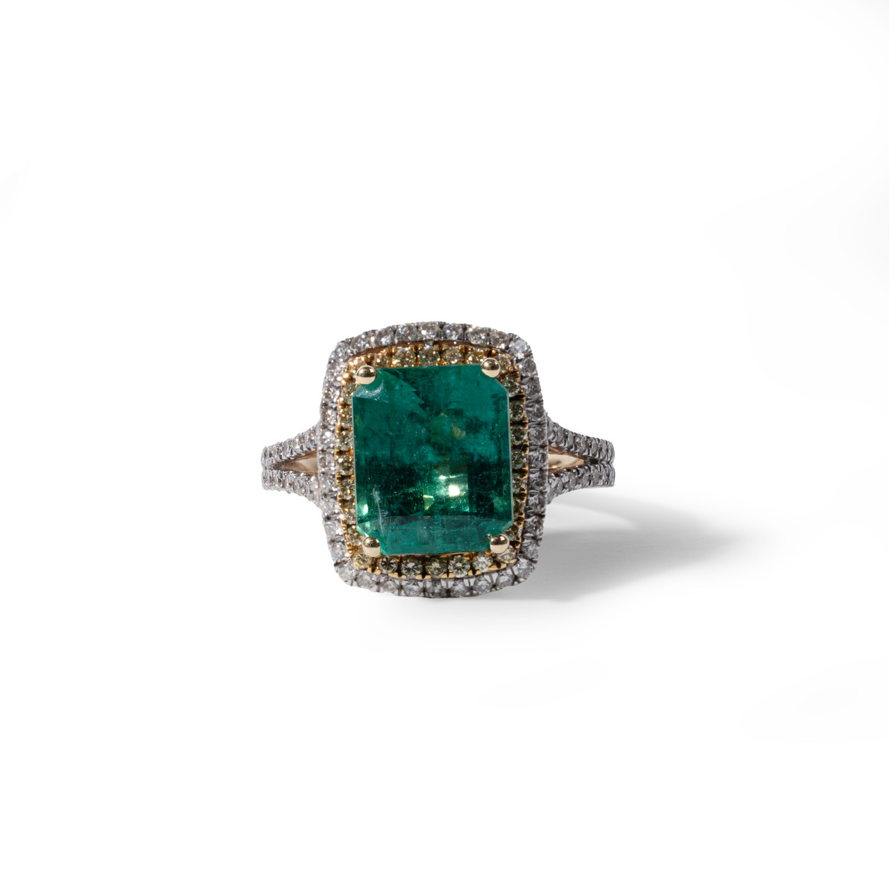 Green Emerald Double Halo Diamond Ring