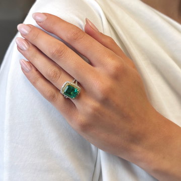 Green Emerald Double Halo Diamond Ring In Yellow Gold 14K