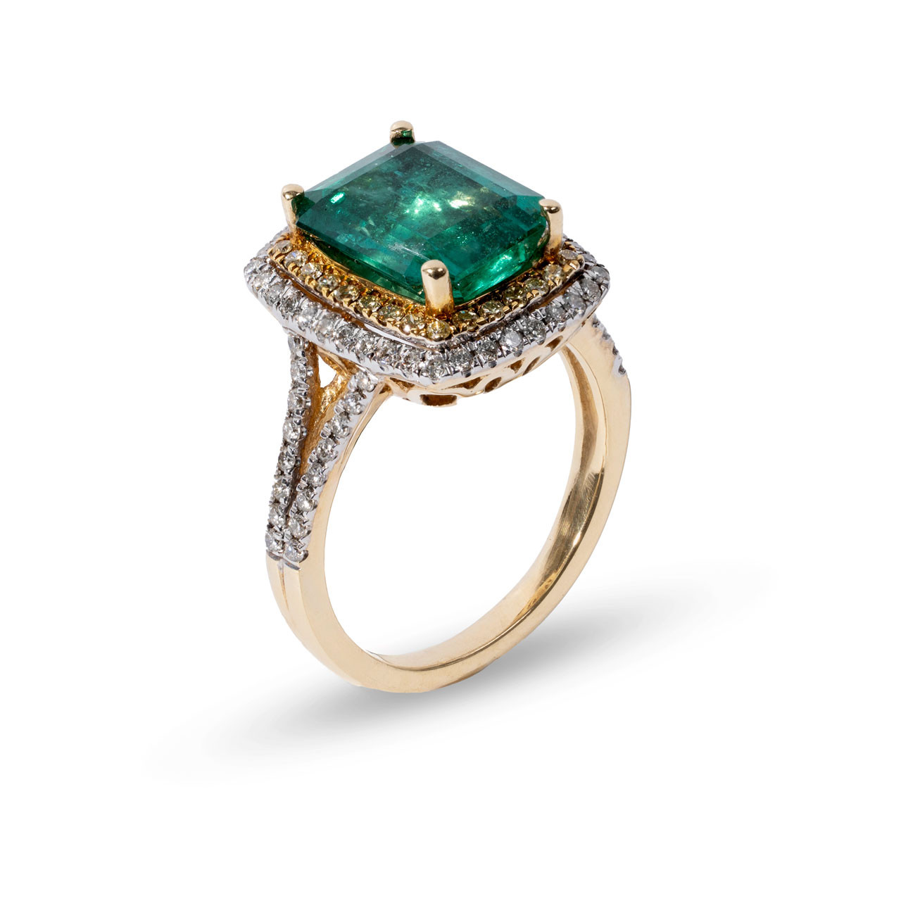 Green Emerald Double Halo Diamond Ring