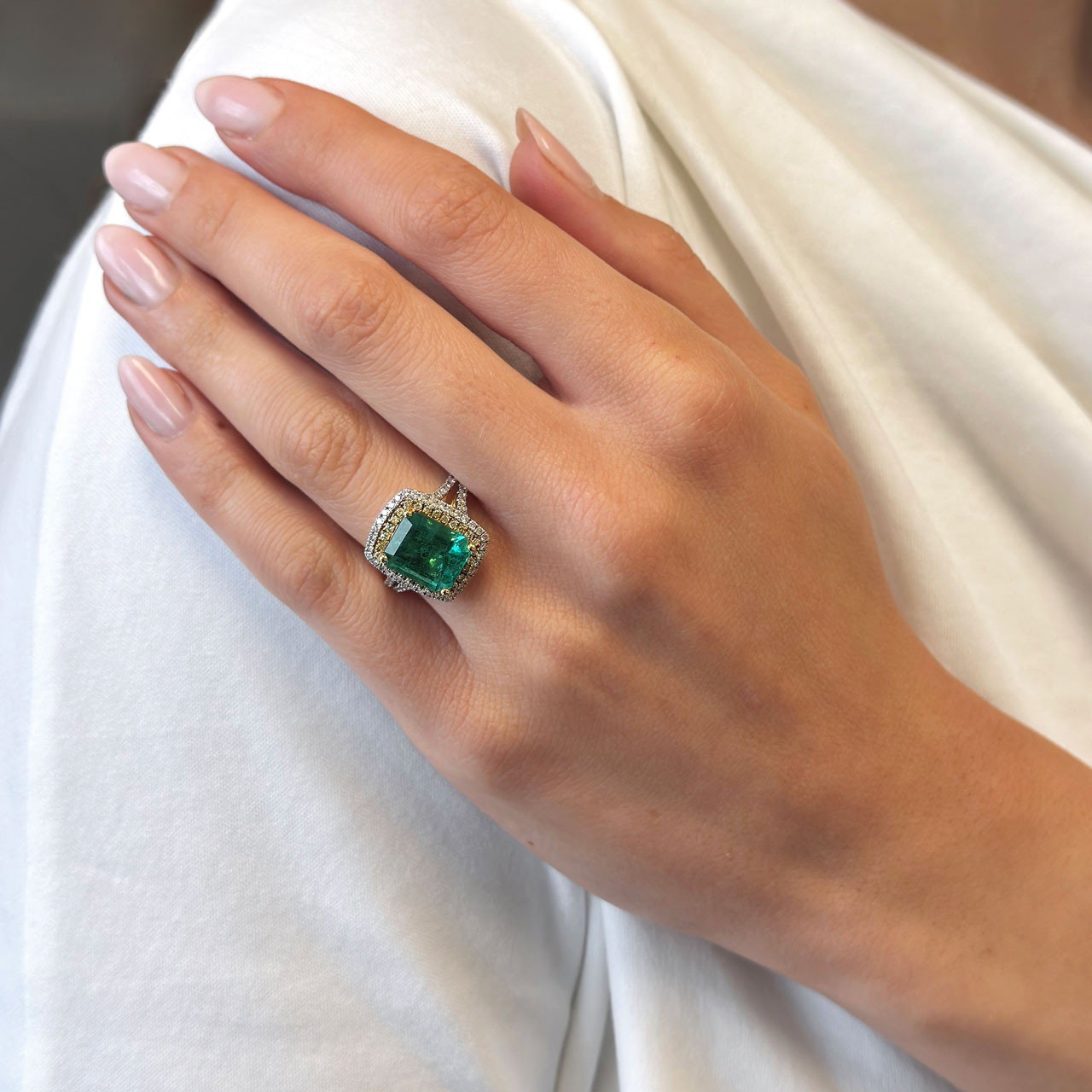 Green Emerald Double Halo Diamond Ring
