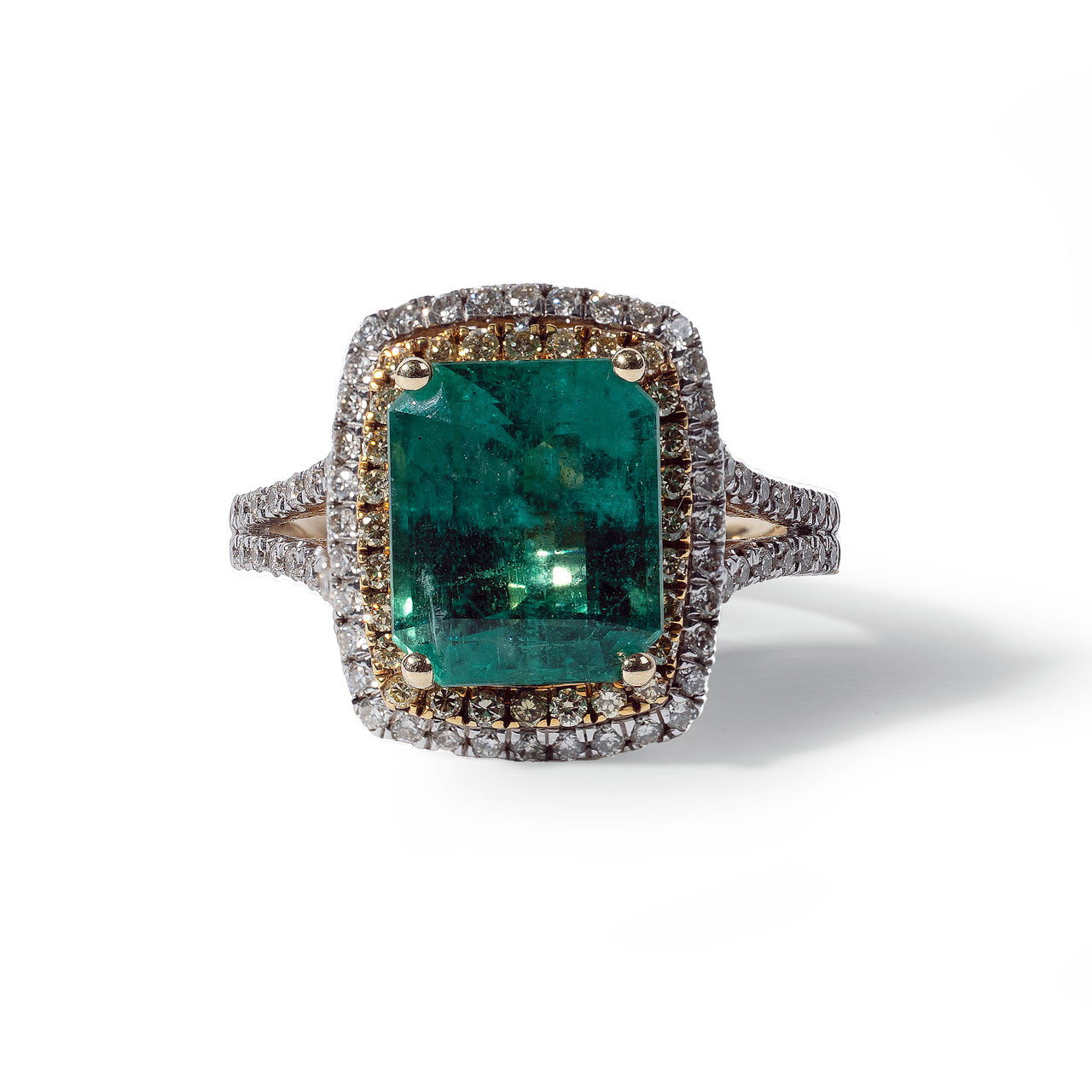 Green Emerald Double Halo Diamond Ring