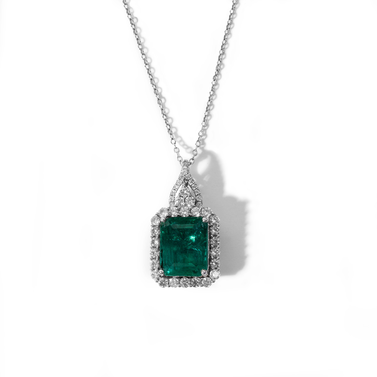 Green Emerald Diamond Halo Pendant Necklace