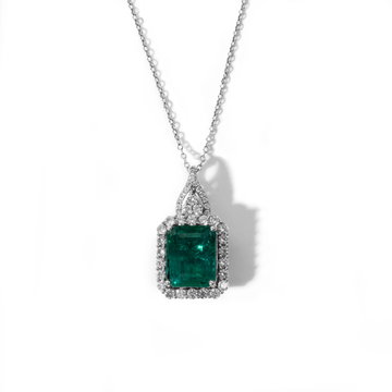 Green Emerald Diamond Halo Pendant Necklace In White Gold 14K