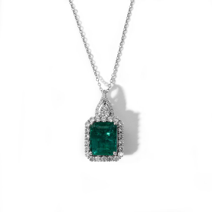 Green Emerald Diamond Halo Pendant Necklace In White Gold 14K
