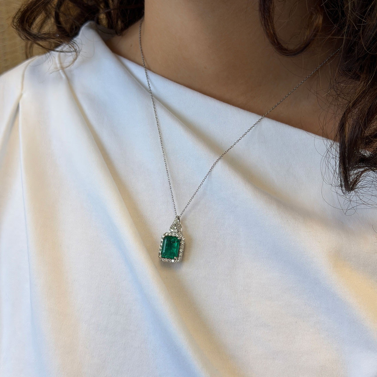Green Emerald Diamond Halo Pendant Necklace