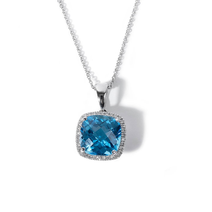 Blue Topaz Diamond Halo Pendant Necklace (5.27tw) In White Gold 14K