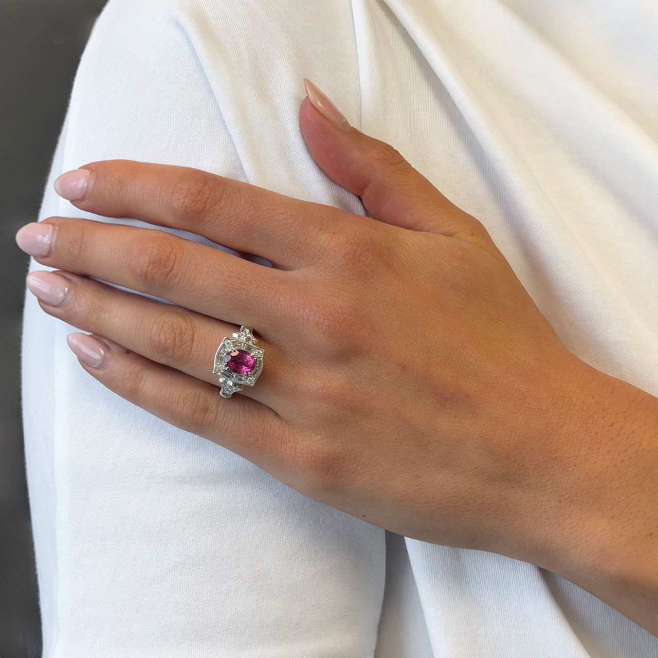 Vintage-Inspired Rubellite Diamond Halo Ring