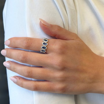 Blue Sapphire Diamond Halo Band In White Gold 14K