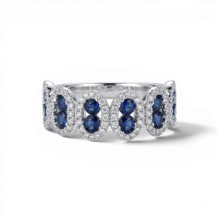 Blue Sapphire & Oval Halo Diamond Band In Solid 14K White Gold