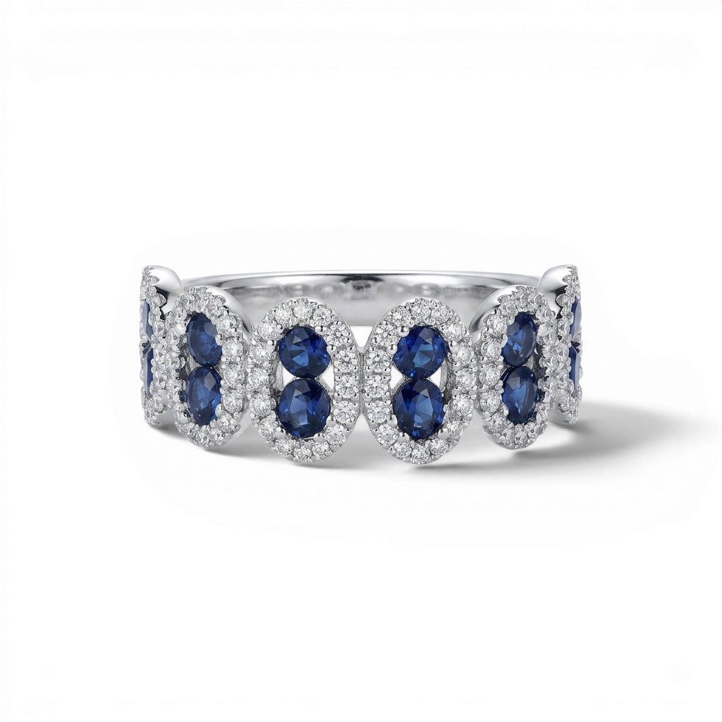Blue Sapphire & Oval Halo Diamond Band