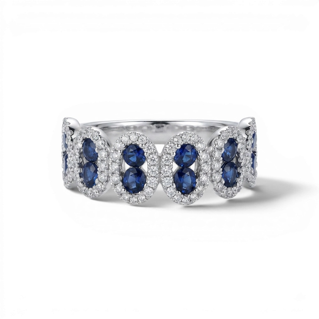 Blue Sapphire & Oval Halo Diamond Band