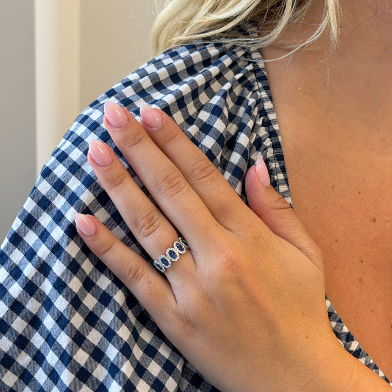 Blue Sapphire & Oval Halo Diamond Band
