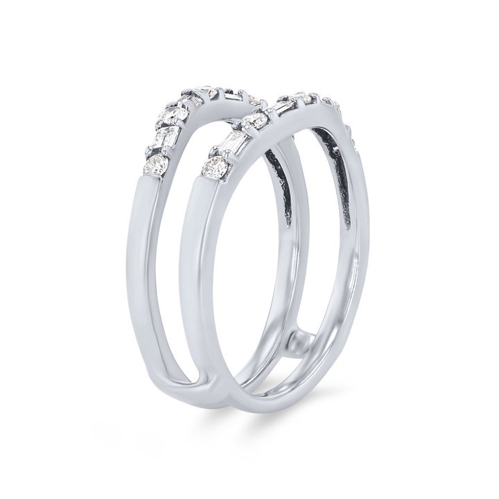 Contour Alternating Round and Baguette Diamond Ring Guard In Solid 14K White Gold