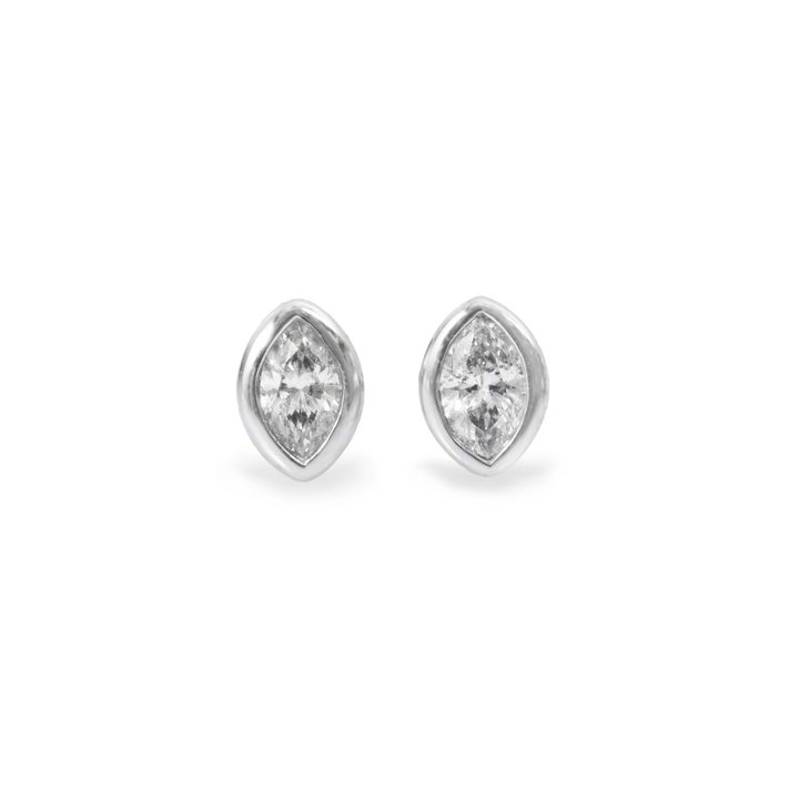 White Gold Marquise Diamond Bezel Stud Earrings In Solid 14K White Gold