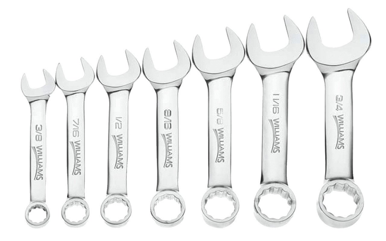 3/8"-3/4" Williams Polished Chrome Stubby Combination Wrench Set 7 Pcs in Pouch 12 PT - JHW11030