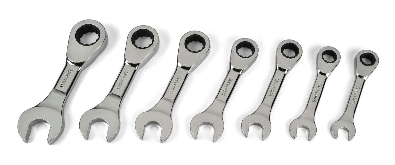 3/8"-3/4" Williams Polished Chrome Stubby Reversible Ratcheting Combination Wrench Set 7 Pcs in Pouch - JHWWS1170RSS