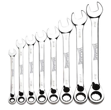 5/16"-3/4" Williams Polished Chrome Reversible Ratcheting Combination Wrench Set 8 Pcs in Plastic Tray - JHWWS-1168RC