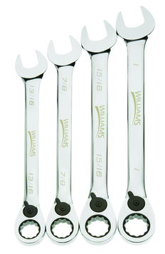 13/16"-1" Williams Polished Chrome Reversible Ratcheting Combination Wrench Set 4 Pcs in Plastic Tray - JHWWS-1164RC