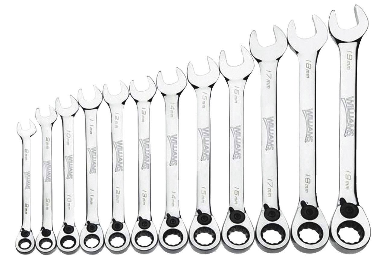 8-19MM Williams Polished Chrome Reversible Ratcheting Combination Wrench Set 12 Pcs in Plastic Tray - JHWMWS-12RC