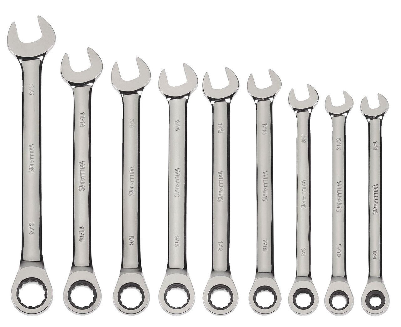 1/4"-3/4" Williams Polished Chrome Combination Ratcheting Wrench Set 9 Pcs in Pouch - JHWWS-1120NRC
