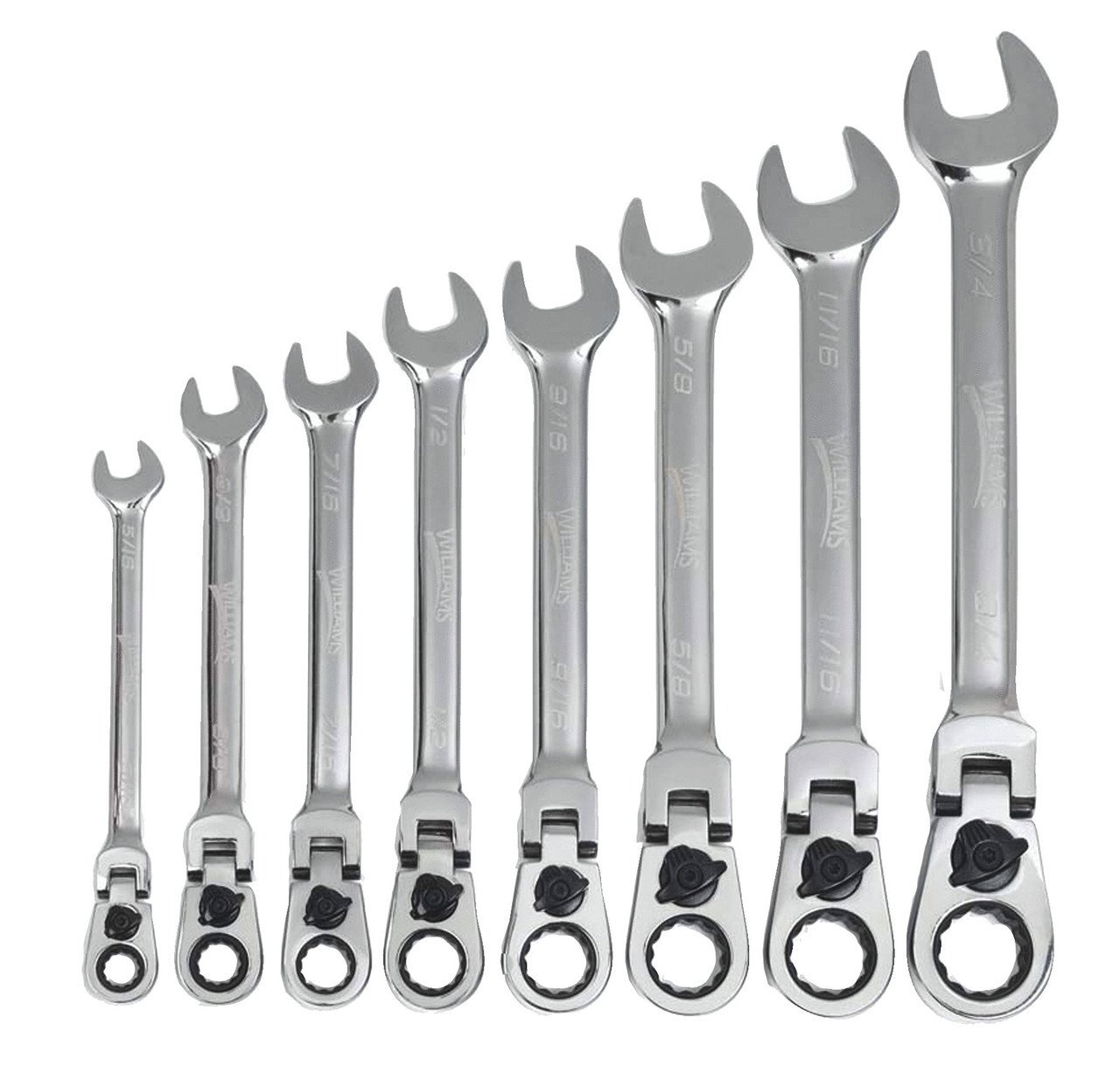 5/16"-3/4" Williams Polished Chrome Reversible Flex Head Ratcheting Combination Wrench Set 8 Pcs in Plastic Tray - JHWWS1168RCF