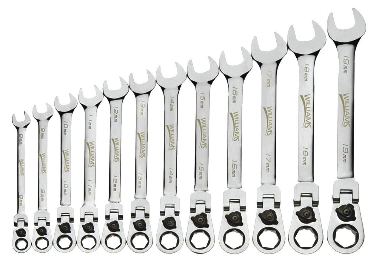 8-19MM Williams Polished Chrome Reversible Flex Head Ratcheting Combination Wrench Set 12 Pcs in Plastic Tray - JHWMWS-12RCF