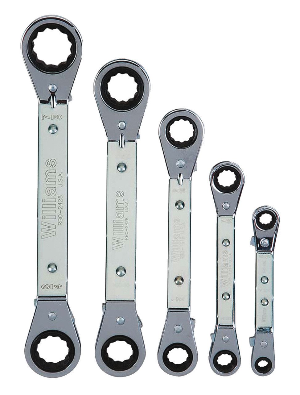 1/4x5/16"-3/4x7/8" Williams Polished Chrome Reversible Offset Ratcheting Box Wrench Set 5 Pcs in Pouch 12 PT - JHWWS-5