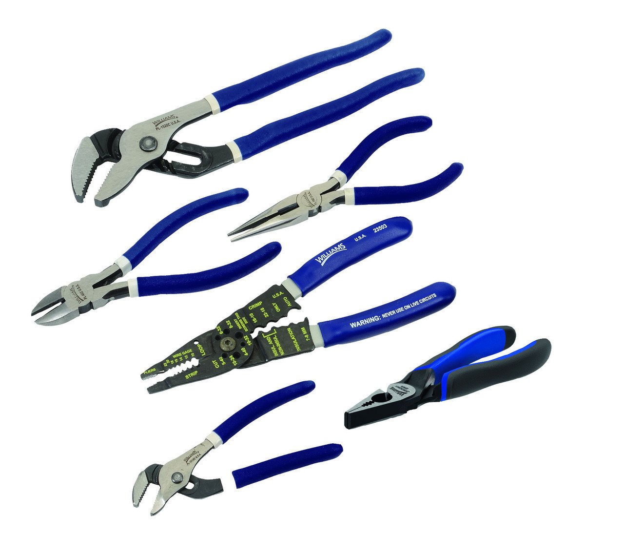 5 - 8 1/4" Williams General Service Pliers with Double-Dipped Plastic Handle Set 6 Pcs - JHWPLS-6A