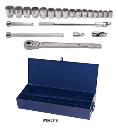 7/8 - 2" Williams 3/4" Dr Shallow Socket & Tool Set 12 Pt 22 Pcs & Tool Box - WSH-22TB