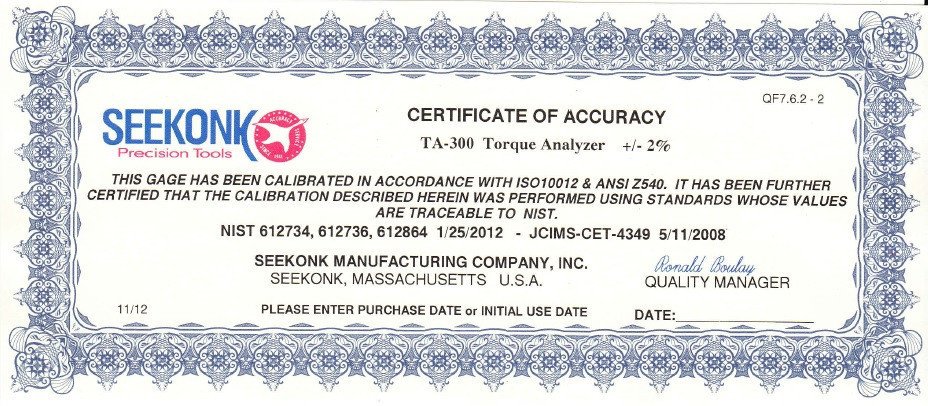 Seekonk Type 2 Certificate Of Calibration With Data - Type 2 Cert Fee