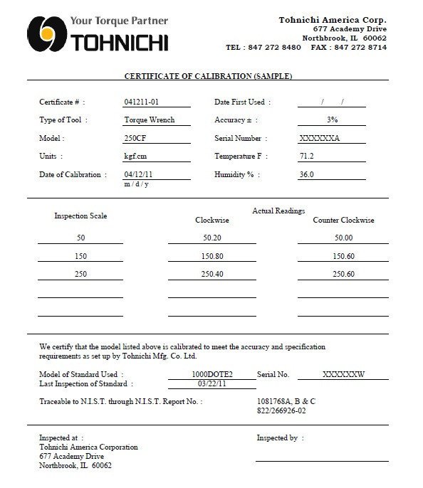 Tohnichi NIST Certificate Of Calibration up to 500 ft lbs / 700Nm - Nist Cert Fee 700