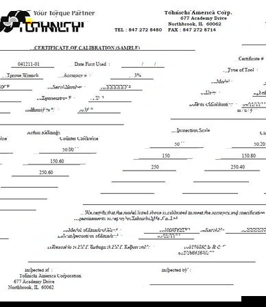 Tohnichi NIST Certificate Of Calibration up to 500 ft lbs / 700Nm - Nist Cert Fee 700