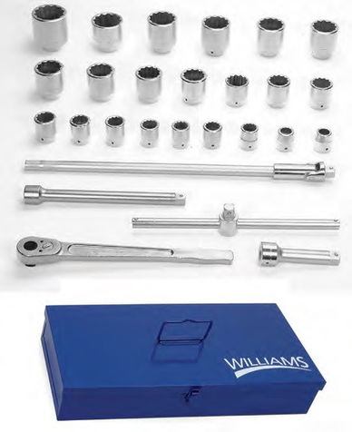 1 1/16 - 3 1/8 Williams SAE 1" Dr Socket & Drive Tool Set 12 Pt 27 Pcs with Tool Box - JHWWSX-28TB