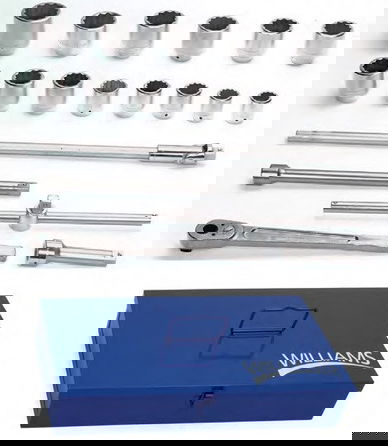 1/2 - 3" Williams 1" Dr Socket and Drive Tool Set 12 Pt 19 Pcs & Metal Tool Box - JHWWSX-21TB
