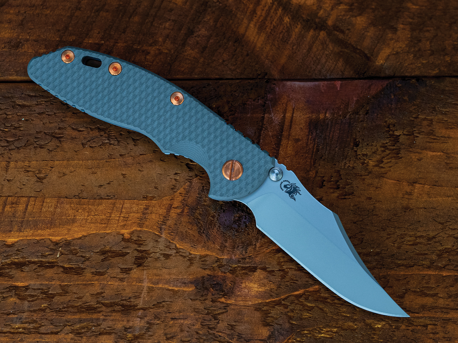 ExpProductCell_XM-18 3.5" Non-Flipper Bowie-S45VN-Bead Blast Blue-Grey G10-Copper Hardware-Left Handed