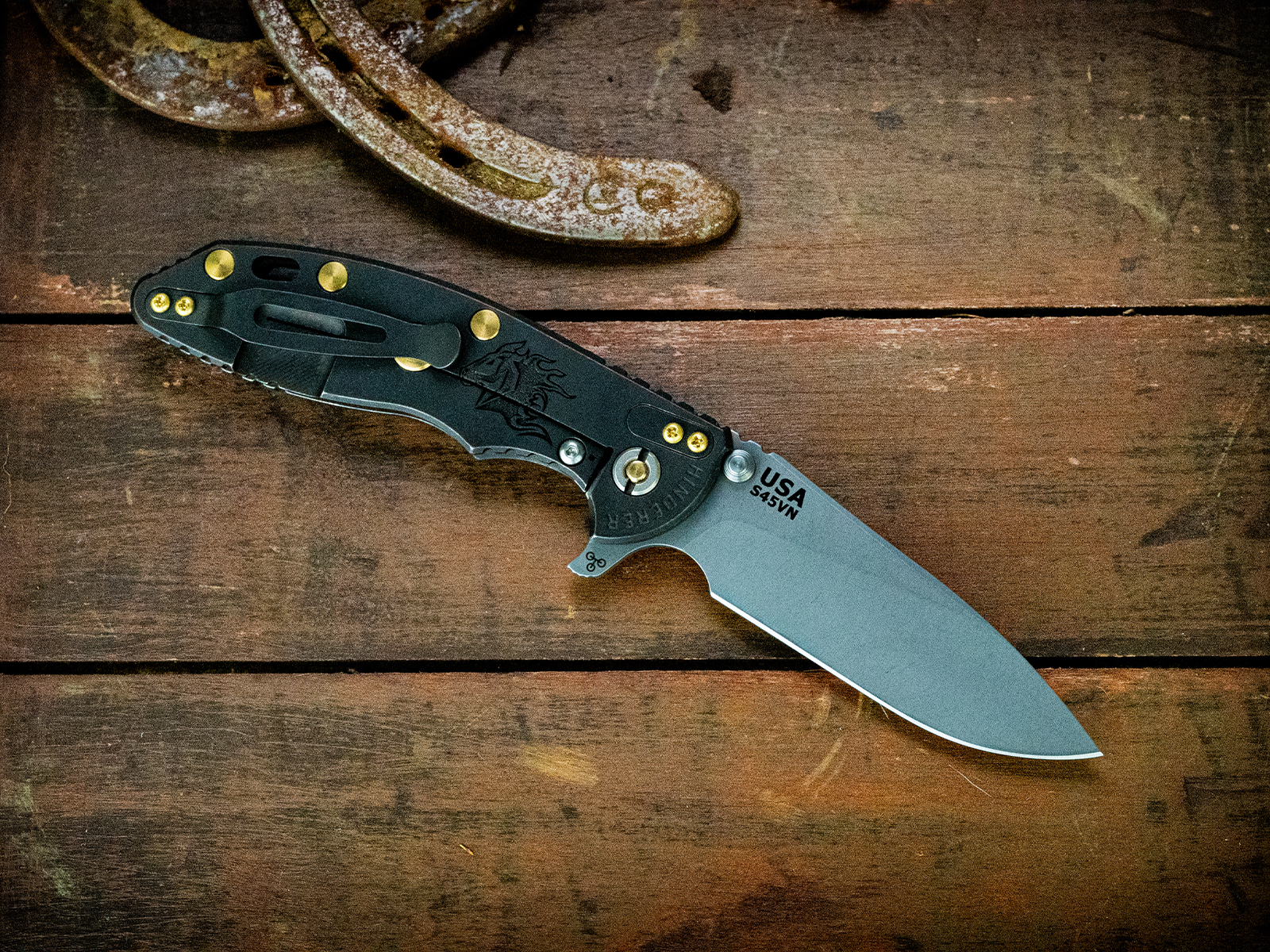 ExpProductCell_XM-18 3.5" S45VN-Slicer Flat Ground-Working Finish Blade-Battle Black Full Ti Horsehead-Brass Hardware