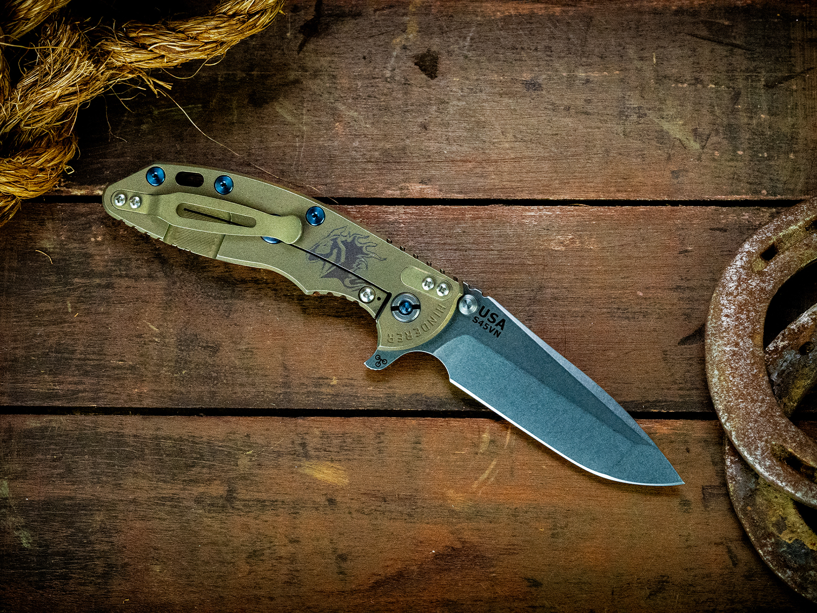 ExpProductCell_XM-18 3.5" Spanto-S45VN-Stonewash Blade-Battle Green Blue Horsehead-Macassar Ebony-Blue Ti Hardware