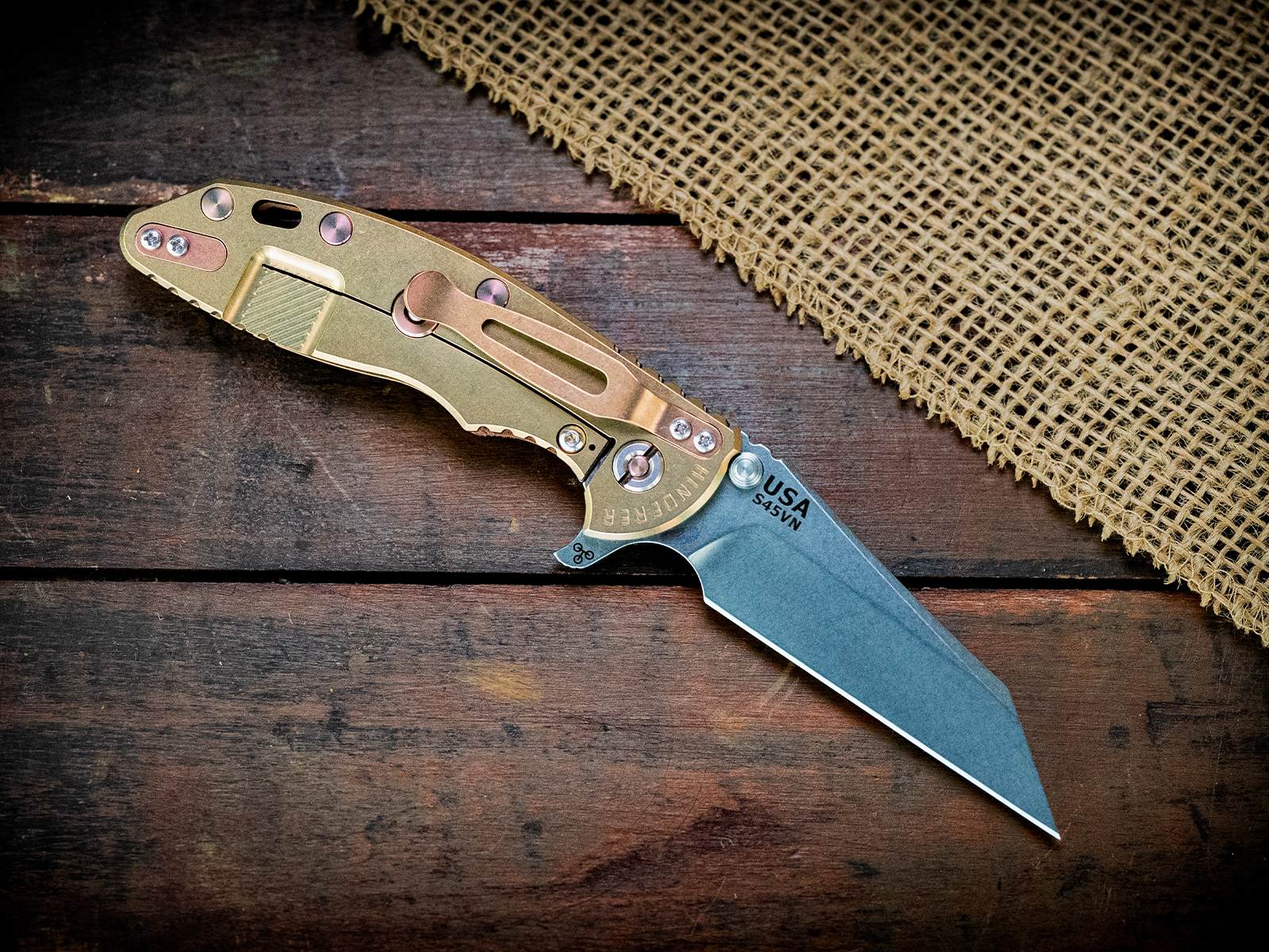 XM-18 3.5" Fatty Wharncliffe-S45VN-Stonewash Gold-Textured Walnut-Titanium Rose Gold Hardware XM-18 3.5" Fatty Wharncliffe-S45VN-Stonewash Gold-Textured Walnut-Titanium Rose Gold Hardware