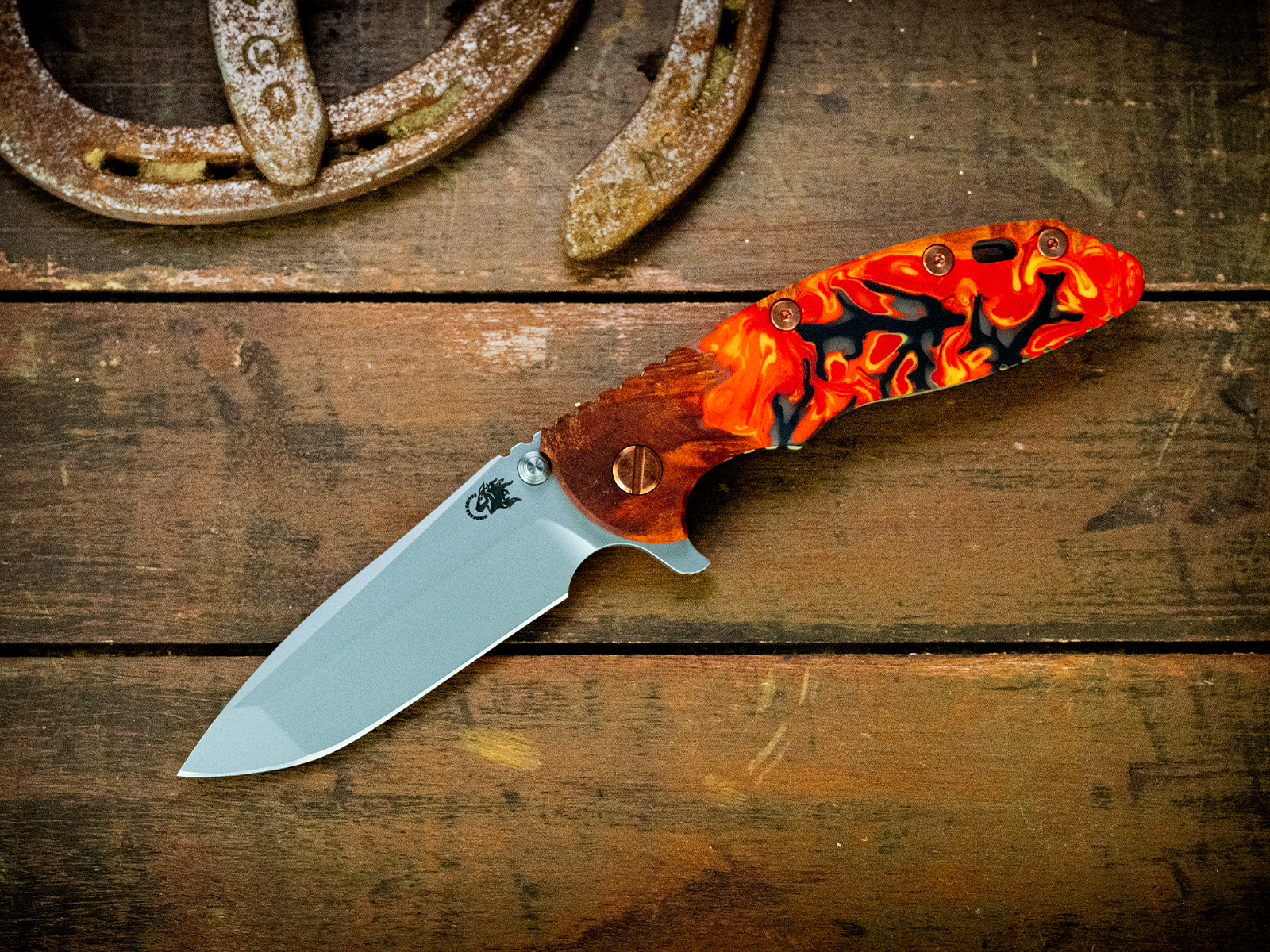 ExpProductCell_XM-18 3.5" Spanto-S45VN-Bead Blast Green/Gold-Wood/Resin-Copper/Red Standoffs