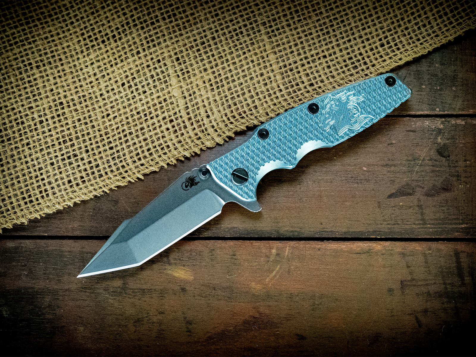 Eklipse-S45VN-Harpoon Tanto-Stonewash Light Blue Full Textured Ti-Milled Horsehead-Black Nitride Hardware Eklipse-S45VN-Harpoon Tanto-Stonewash Light Blue Full Textured Ti-Milled Horsehead-Black Nitride Hardware