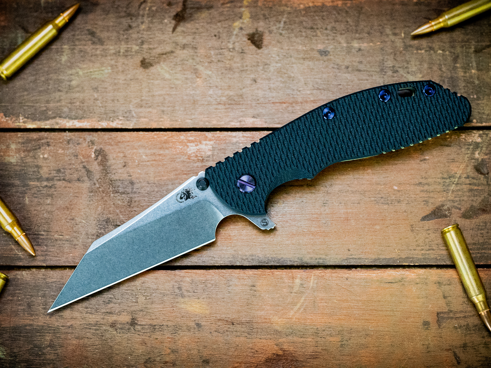 XM-24 Wharncliffe Skinny-S45VN-Stonewash Green/Gold-Black G10-Purple Ti/Orange Standoffs XM-24 Wharncliffe Skinny-S45VN-Stonewash Green/Gold-Black G10-Purple Ti/Orange Standoffs