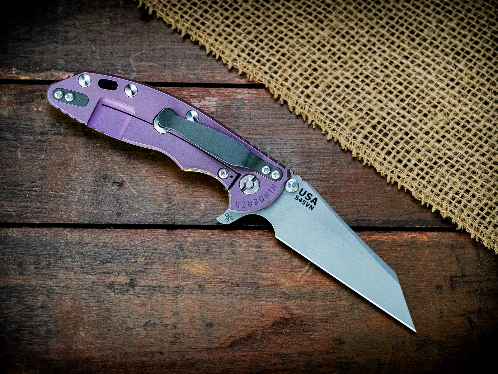 XM-18 3.5" Fatty Wharncliffe-S45VN-Battle Purple-Smooth Yellow G10-DLC Clip/Tab XM-18 3.5" Fatty Wharncliffe-S45VN-Battle Purple-Smooth Yellow G10-DLC Clip/Tab