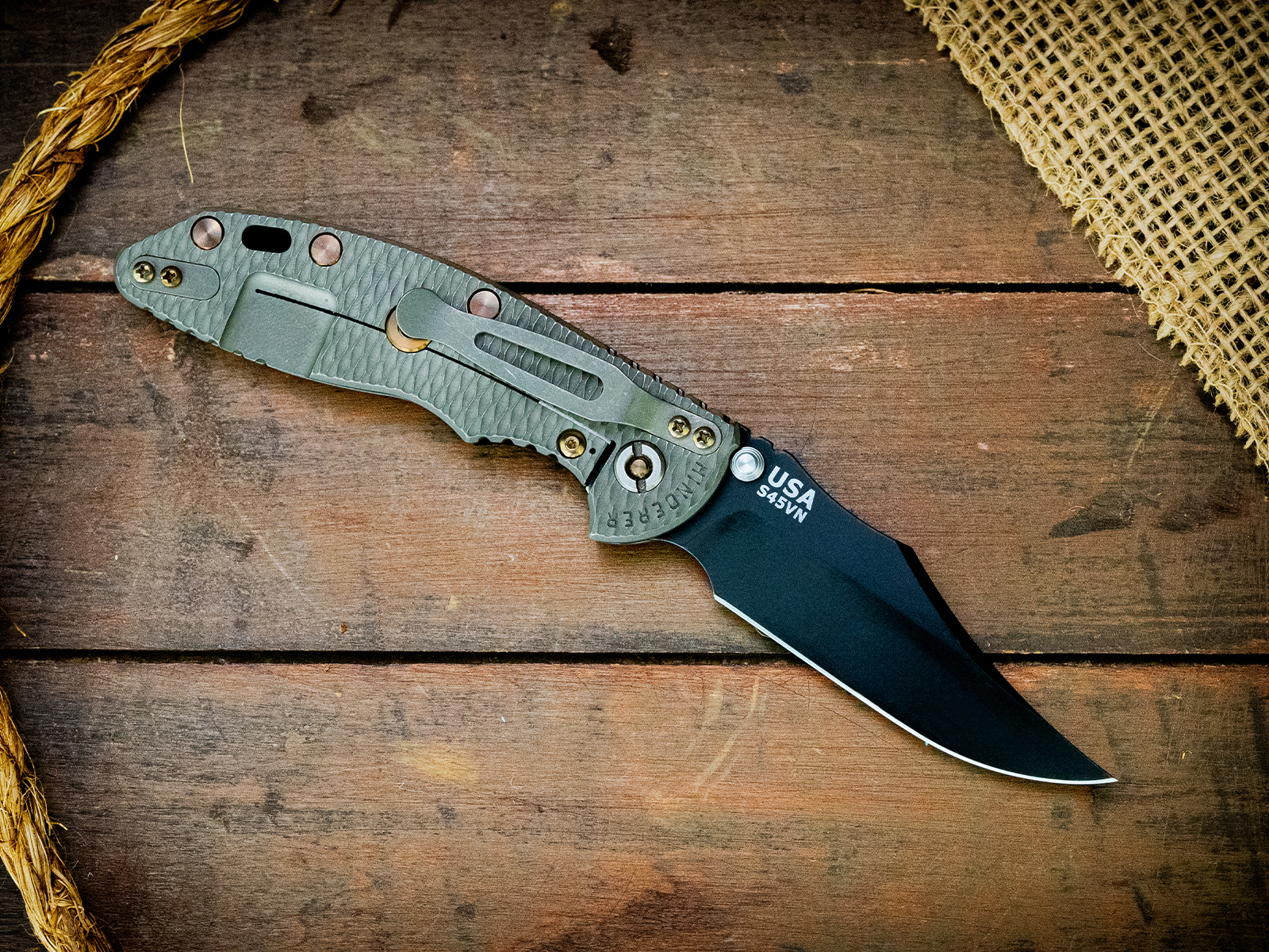 XM-18 3.5"-Non Flipper-Bowie-Battle Black Blade-Working Finish Textured-Smooth Black G10-Bronze Ti Hardware XM-18 3.5"-Non Flipper-Bowie-Battle Black Blade-Working Finish Textured-Smooth Black G10-Bronze Ti Hardware