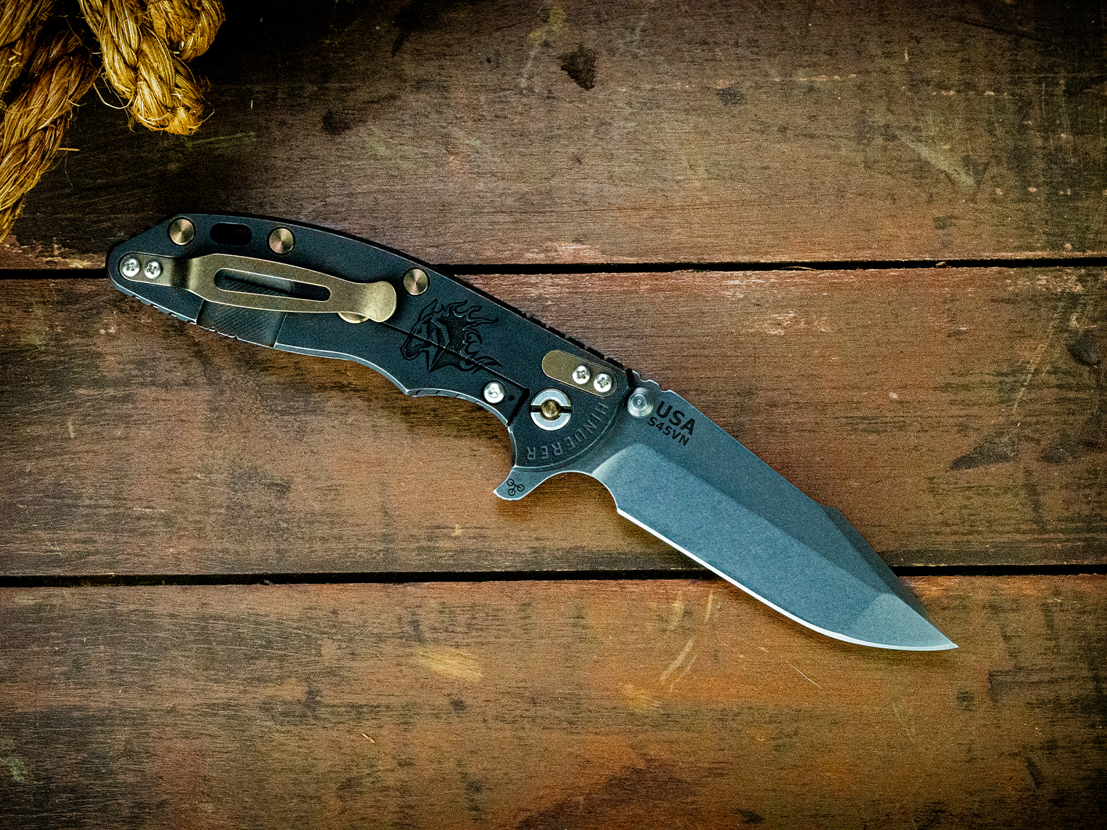 XM-18 3.5" Harpoon Spanto-S45VN-Full Battle Black-Horsehead-Bronze Ti hardware XM-18 3.5" Harpoon Spanto-S45VN-Full Battle Black-Horsehead-Bronze Ti hardware