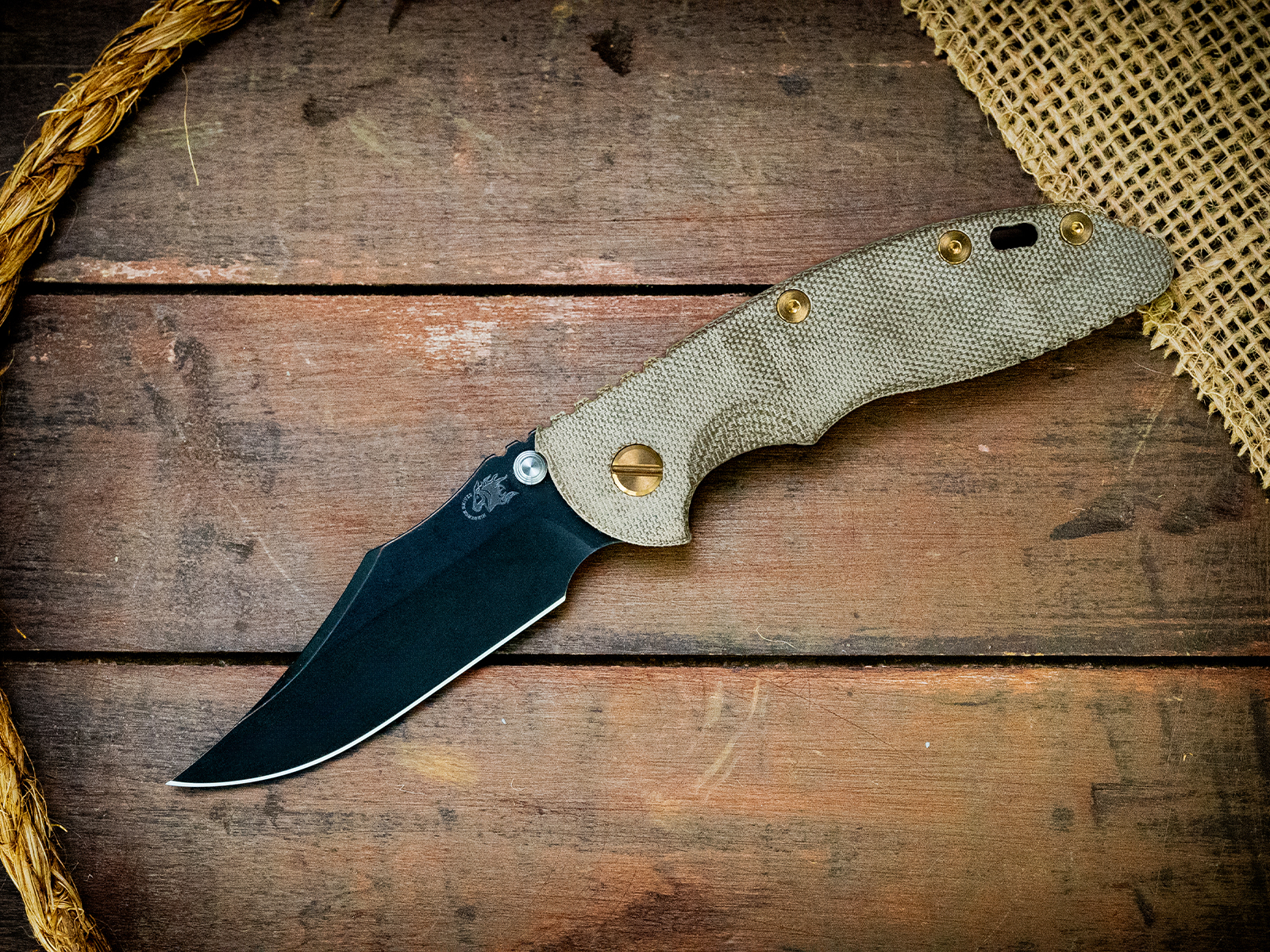 ExpProductCell_XM-18 3.5"-Non Flipper-Bowie-Battle Black Blade-Bead Blast Bronze-Smooth OD Green Micarta-Brass Hardware