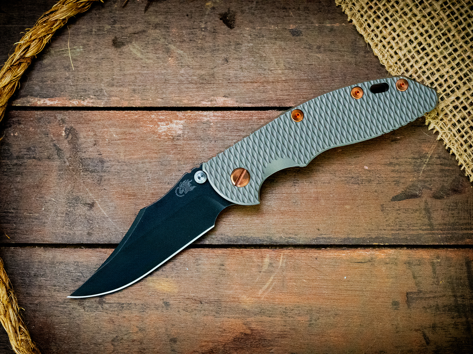 ExpProductCell_XM-18 3.5"-Non Flipper-Bowie-Battle Black Blade-Full Bead Blast Textured Ti-Copper Hardware