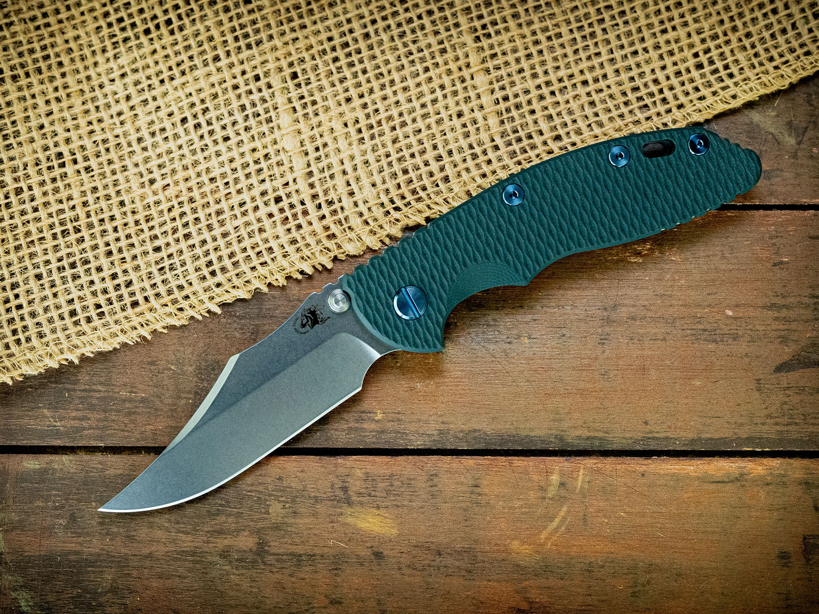 XM-18 3.5"-Non Flipper-Bowie-Stonewash Light Blue-Dark Green G10-Light Blue Ti hardware XM-18 3.5"-Non Flipper-Bowie-Stonewash Light Blue-Dark Green G10-Light Blue Ti hardware