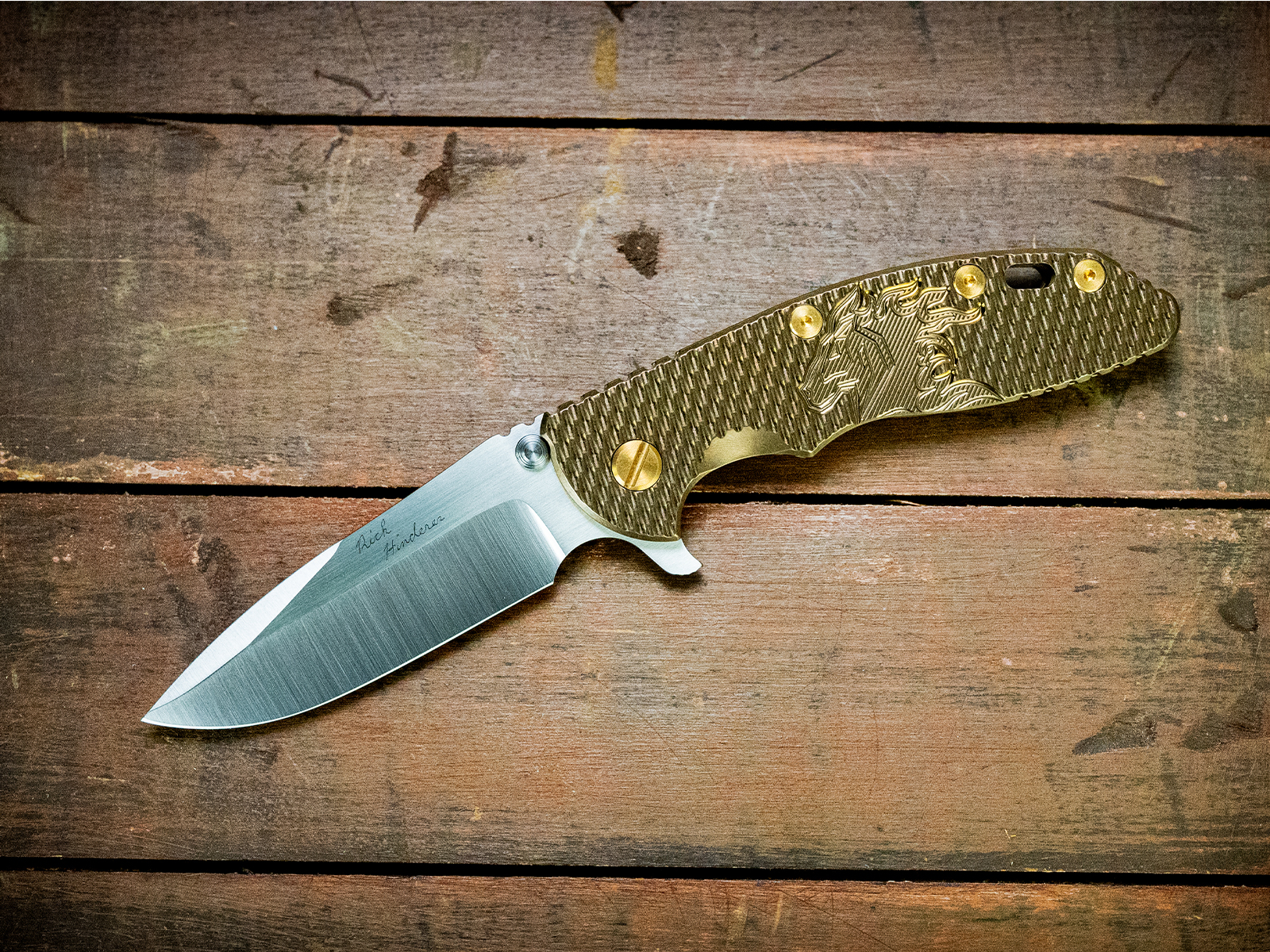Rick Hinderer Custom - XM-18 3.5 - Spearpoint - Milled Ti Horsehead Stonewash Bronze Rick Hinderer Custom - XM-18 3.5 - Spearpoint - Milled Ti Horsehead Stonewash Bronze