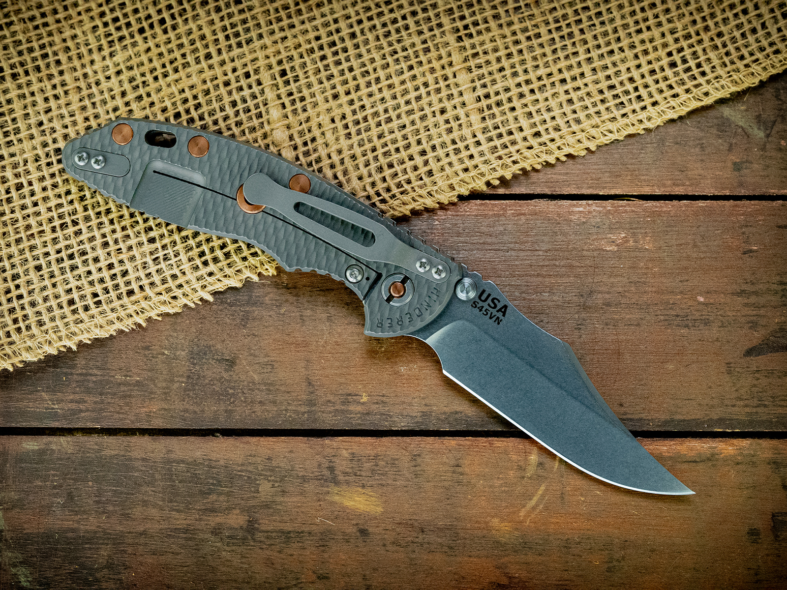 XM-18 3.5"-Non Flipper-Bowie-Stonewash Blade-Working Finish-Black/Red G10-Copper Hardware