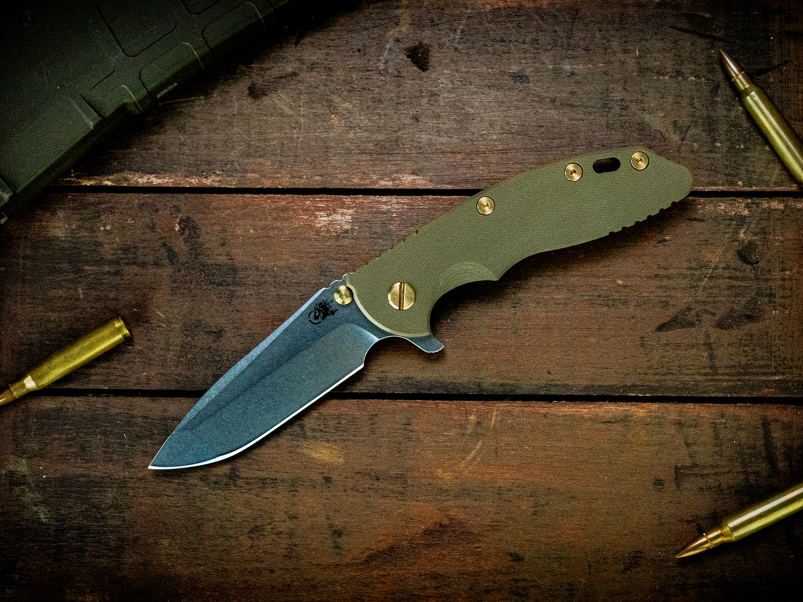 ExpProductCell_XM-18 3.5" Spanto-S45VN-Stonewash Bronze-Smooth OD Green G10-Brass Hardware/TI TS